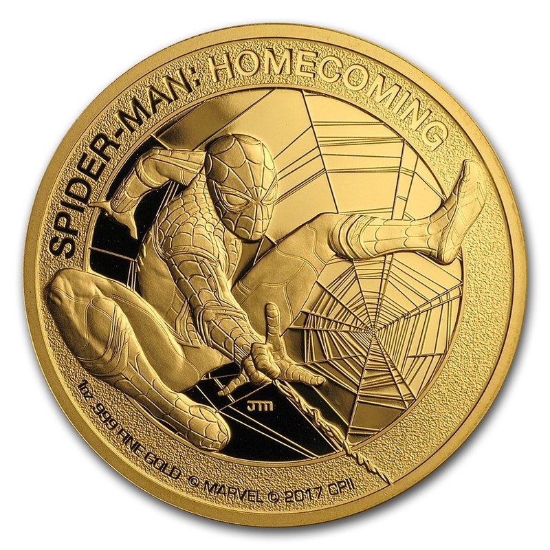 Золотая монета Островов Кука "Человек-паук: Возвращение домой" 2017 г.в., 31.1 г чистого золота (Проба 0,999)
