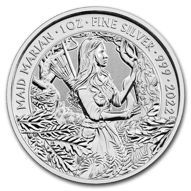 Серебряная монета Великобритании "Мифы и легенды. Дева Мэриан" 2022 г.в., 31.1 г чистого серебра (Проба 0,999)
