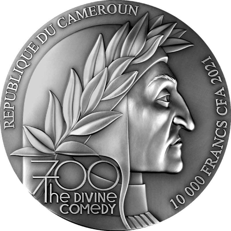 Серебряная монета Камеруна "Данте Алигьери. Божественная комедия - Инферно" 2021 г.в., 1000 г чистого серебра (Проба 0,999)