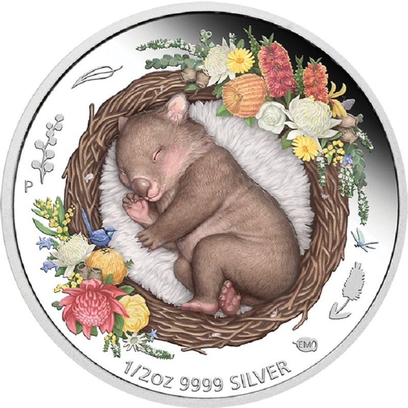 Серебряная монета Австралии "Спящий малыш вомбат" 2021 г.в., 15.55 г чистого серебра (Проба 0,999)