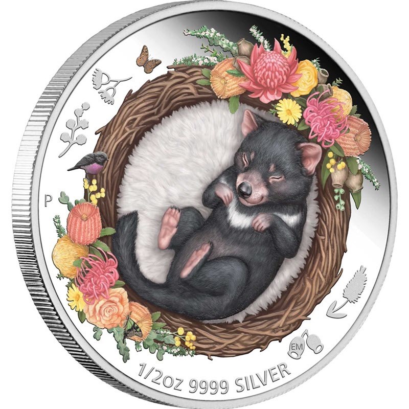 Серебряная монета Австралии "Спящий малыш тасманийский дьявол" 2021 г.в., 15.55 г чистого серебра (Проба 0,999)