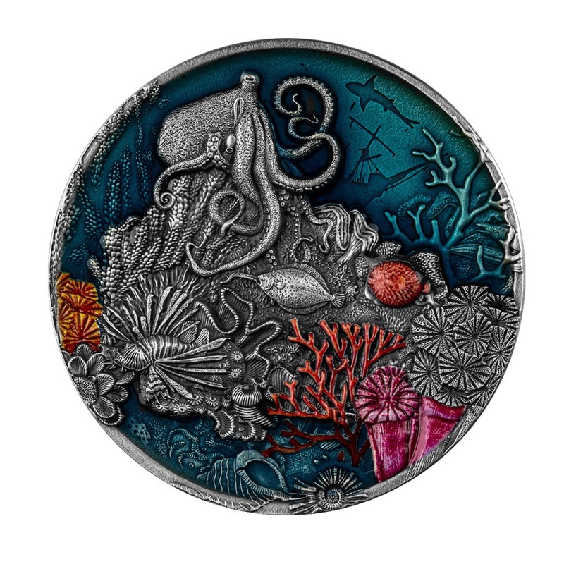 Серебряная монета Ниуэ "Коралловый риф" 2021 г.в., 62.2 г чистого серебра (Проба 0,999)