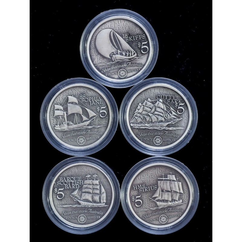 Набор из 5-ти серебряных монет Островов Кука "Корабли Австралии" 1999 г.в., 5*62.2 г чистого серебра (Проба 0,999)