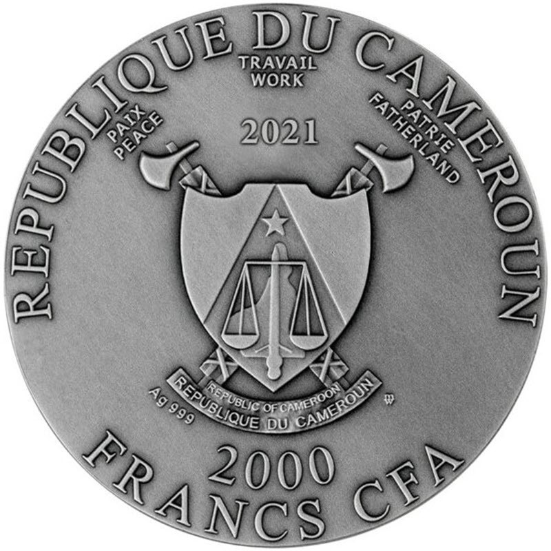 Серебряная монета Камеруна "Цербер" 2021 г.в., 62.2 г чистого серебра (Проба 0,999)
