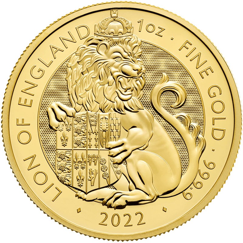 Золотая монета Великобритании "Королевские звери Тюдоров. Лев Англии" 2022 г.в., 31.1 г чистого золота (Проба 0,9999)