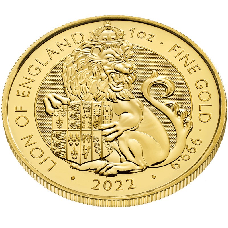 Золотая монета Великобритании "Королевские звери Тюдоров. Лев Англии" 2022 г.в., 31.1 г чистого золота (Проба 0,9999)