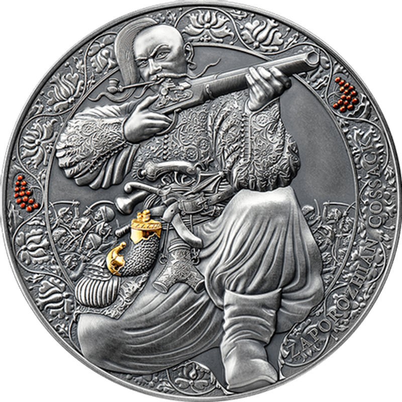 Серебряная монета Камеруна "Легендарные воины. Запорожский казак" 2021 г.в., 93.3 г чистого серебра (Проба 0,999)