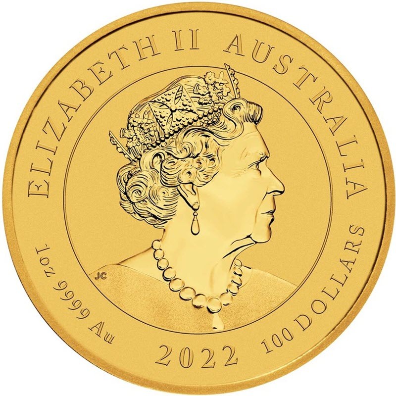 Золотая монета Австралии "Дракон" 2022 г.в., 31.1 г чистого золота (проба 0,9999)