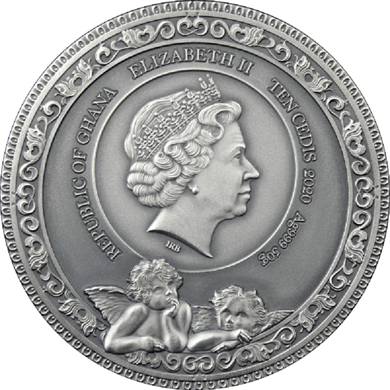Серебряная монета Ганы "Рафаэль Санти. 500 лет со дня смерти" 2020 г.в., 50 г чистого серебра (Проба 0,999)