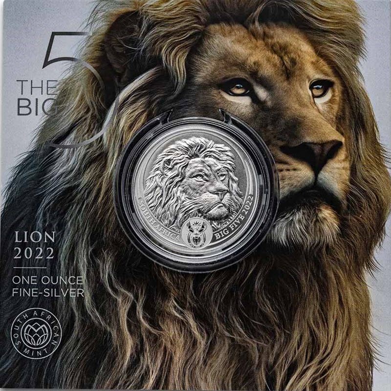 Серебряная монета ЮАР "Большая пятерка: Лев" 2022 г.в.(серия 2), 31.1 г чистого серебра (Проба 0,999)