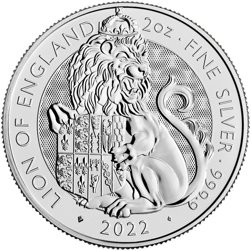Серебряная монета Великобритании "Королевские звери Тюдоров. Лев Англии" 2022 г.в., 62.2 г чистого серебра (Проба 0,9999)