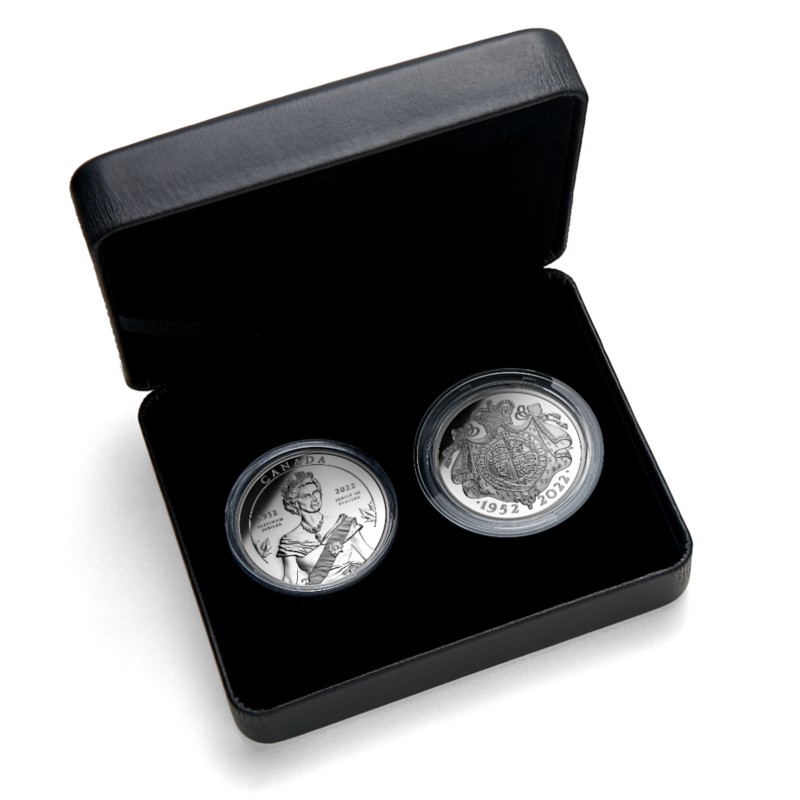 Набор из 2-х серебряных монет Канады и Великобритании "Платиновый юбилей правления Елизаветы II" 2022 г.в., 2*31.1 г чистого серебра (Проба 0,999)