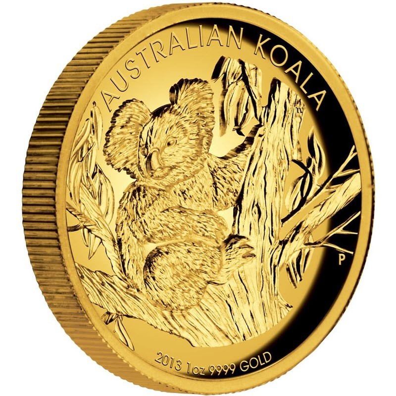 Золотая монета Австралии "Коала" 2013 г.в. (высокий рельеф), 31.1 г чистого золота (Проба 0,9999)