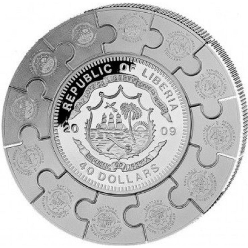 Серебряная монета Либерии "Апостол Петр" 2009 г.в., 1000 г чистого серебра (Проба 0,999)