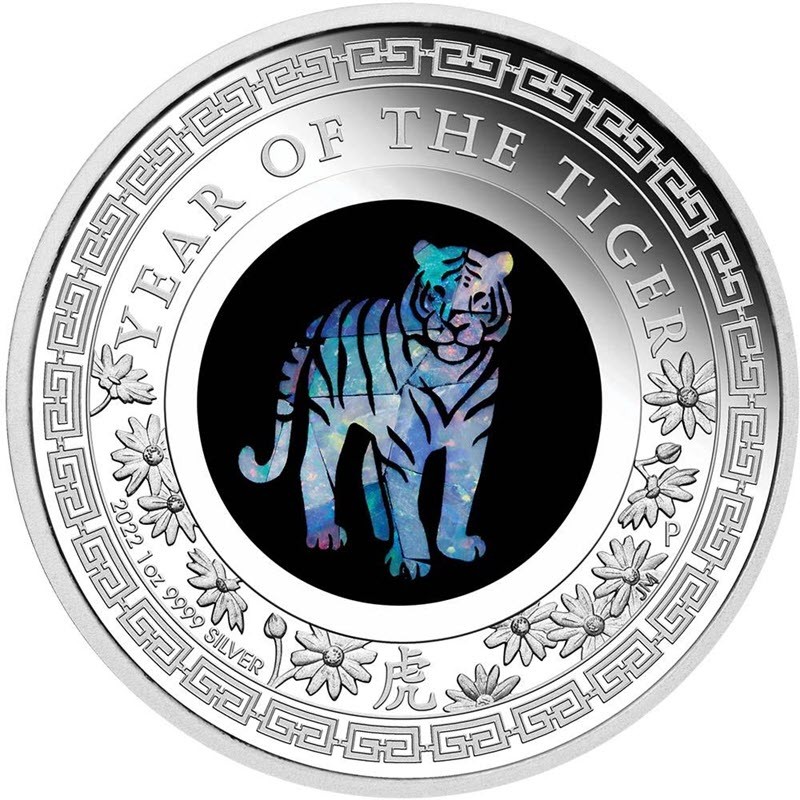 Серебряная монета Австралии "Австралийский опал. Год Тигра" 2022 г.в., 31.1 г чистого серебра (Проба 0,9999)