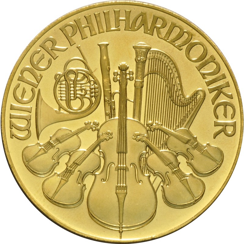 Золотая монета Австрии "Филармоникер 2000 шиллингов" 1989-2001 г.в., 31.1 г чистого золота (Проба 0,9999)