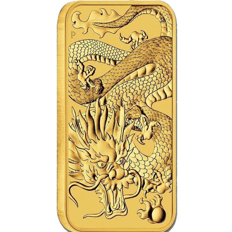 Золотая монета Австралии "Китайский дракон с пылающей жемчужиной" 2022 г.в. (прямоугольник), 31.1 г чистого золота (Проба 0,9999)