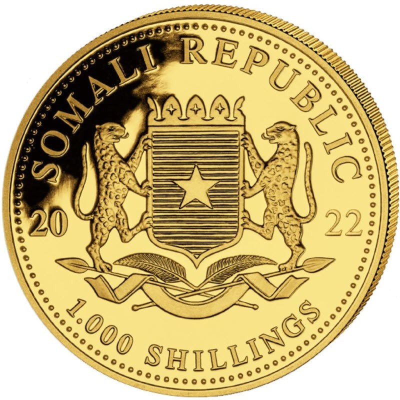 Памятная золотая монета Сомали "Леопард" 2022 г.в., 31.1 г чистого золота (Проба 0,9999)