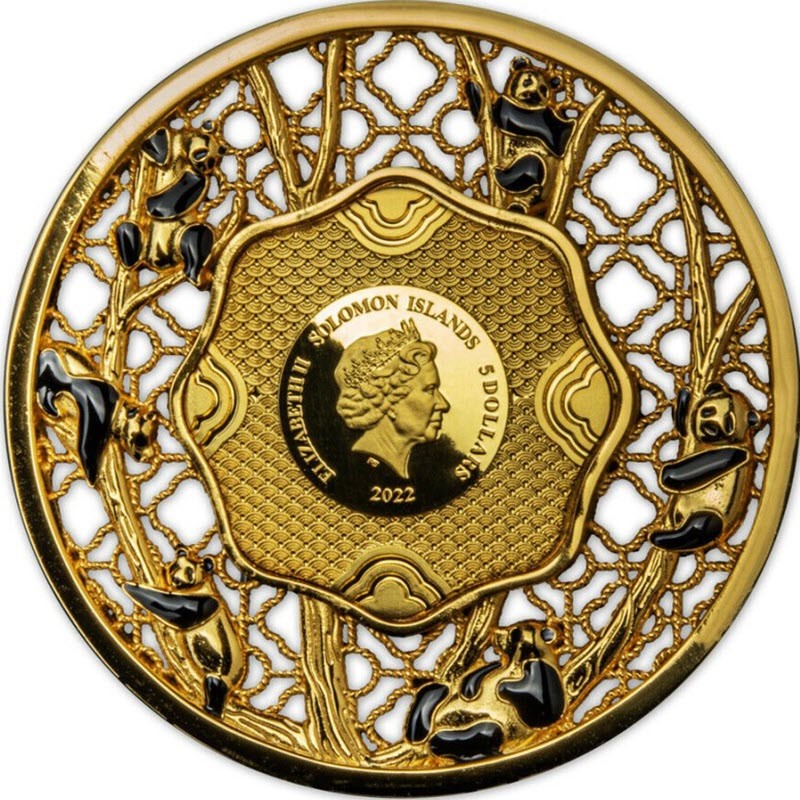 Серебряная монета Соломоновых островов "Панда. Филигрань" 2022 г.в., 62.2 г чистого серебра (Проба 0,999)