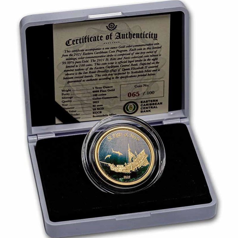 Золотая монета Сент-Китс и Невис "Кораблекрушение" (с цветом) 2021 г.в., 31.1 г чистого золота (Проба 0,999)