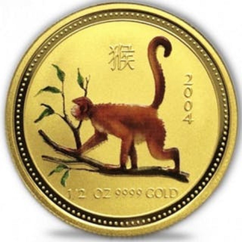Набор из 5-ти золотых монет Австралии "Год Обезьяны" (с цветом) 2004 г.в., 31.1+15.55+7.78+3.11+1.55 г чистого золота (Проба 0,9999)