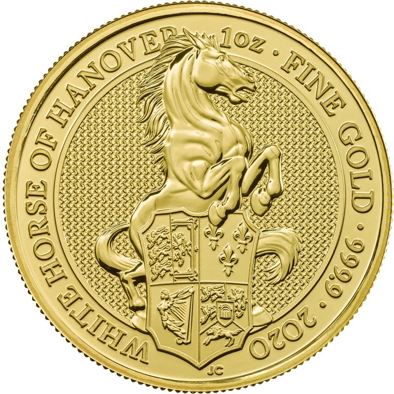 Комиссия: Золотая монета Великобритании «Белая лошадь Ганновера» 2020 г.в., 31,1 г чистого золота (проба 0,9999)