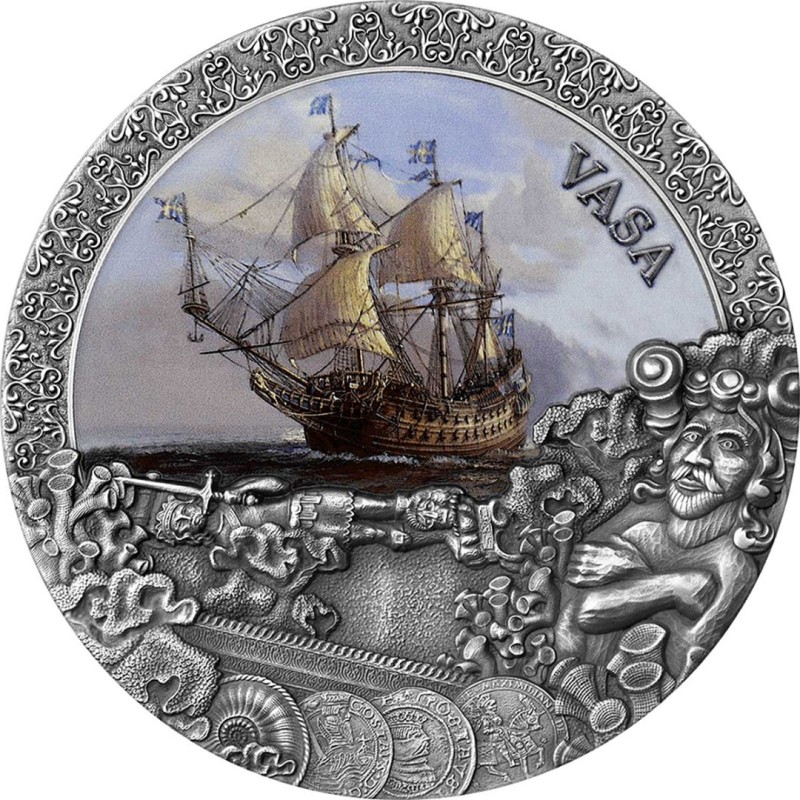 Серебряная монета Ниуэ "Великие кораблекрушения. Васа" 2021 г.в., 62.2 г чистого серебра (Проба 0,999)