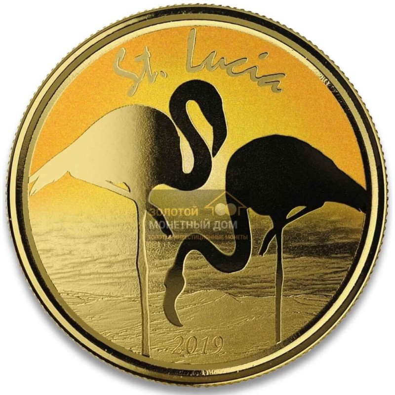 Комиссия: Золотая монета Сент-Люсии «Фламинго» с цветным изображением 2019 г.в., 31,1 г чистого золота (проба 0,9999)