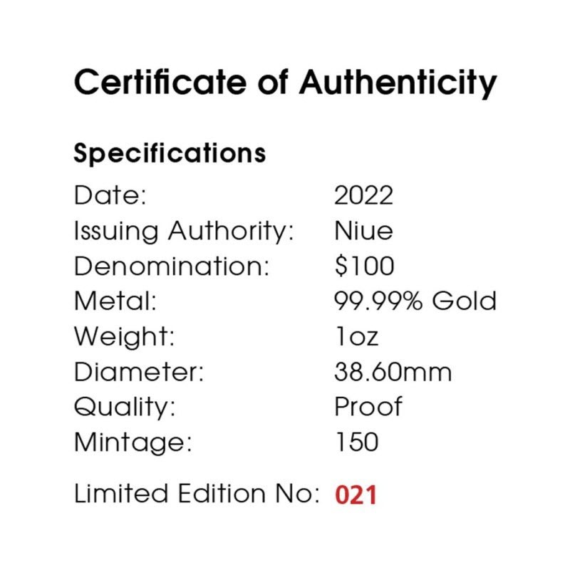 Золотая монета Ниуэ "Краснобрюхая черная змея" 2022 г.в., 31.1 г чистого золота (Проба 0,9999)