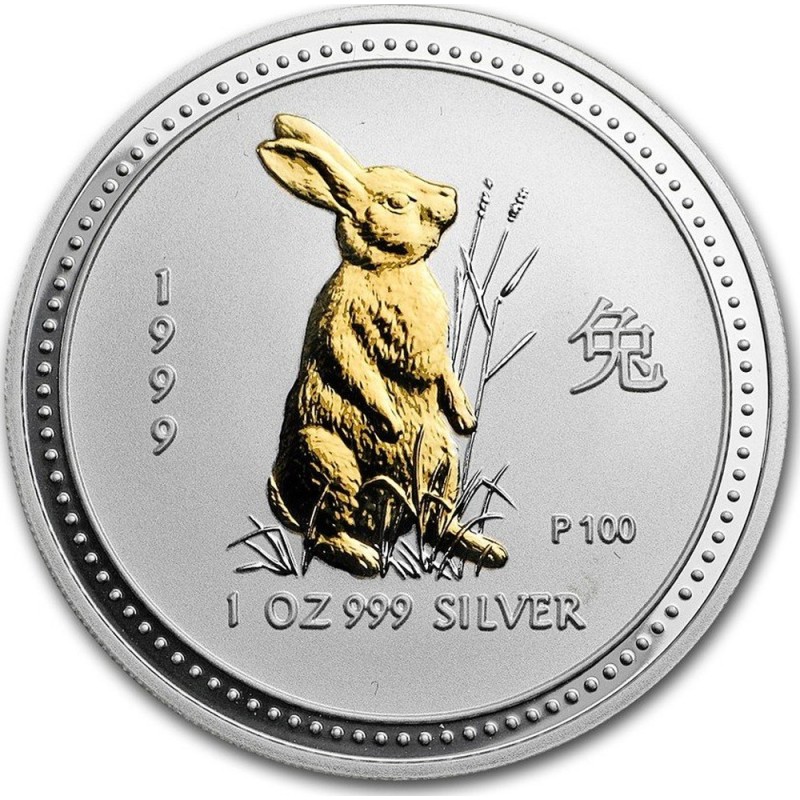 Серебряная монета Австралии "Год Кролика" 1999 г.в.(с позолотой), 31.1 г чистого серебра (проба 0,9999)