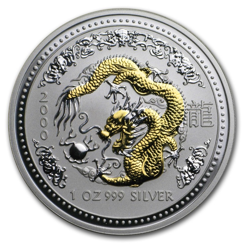 Серебряная монета Австралии "Лунар I - Год Дракона" 2000 г.в. (с позолотой), 31.1 г чистого серебра (Проба 0,999)