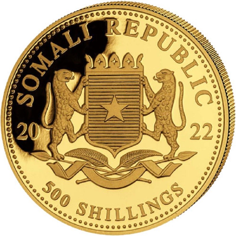 Золотая монета Сомали - Слон 2022 г.в., 15.55 г чистого золота (проба 0,9999)