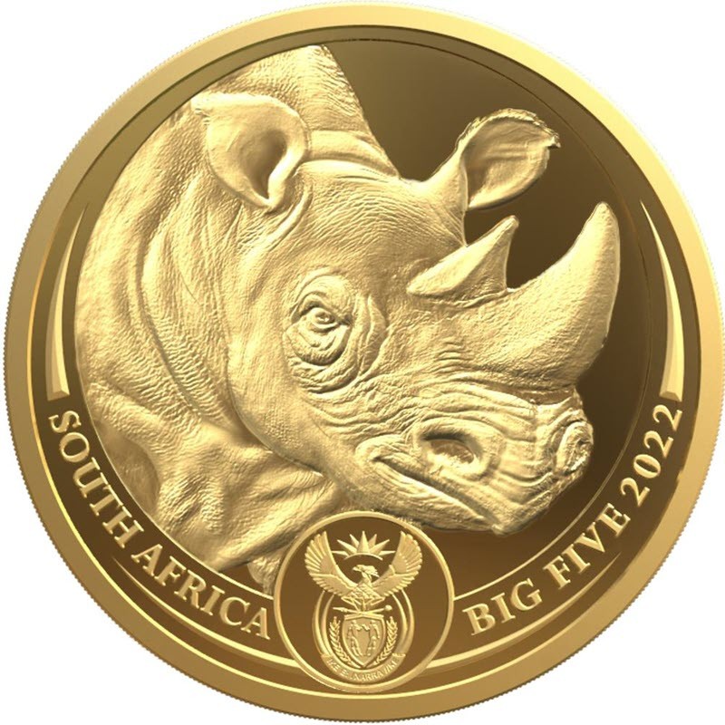 Золотая монета ЮАР "Большая пятерка: Носорог" 2022 г.в. (2-я серия), 7.78 г чистого золота (Проба 0,9999)