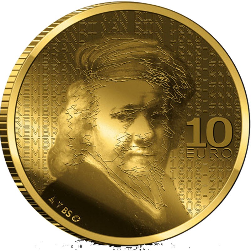 Золотая монета Нидерландов "400 лет со дня рождения Рембрандта" 2006 г.в., 6.05 г чистого золота (Проба 0,900)