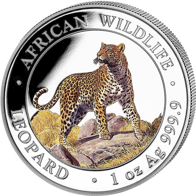 Серебряная монета Сомали "Леопард" 2022 г.в.(с цветом), 31.1 г чистого серебра (Проба 0,9999)