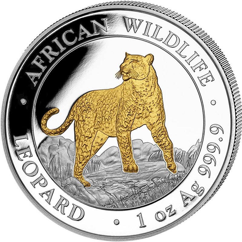 Серебряная монета Сомали "Леопард" 2022 г.в.(с позолотой), 31.1 г чистого серебра (Проба 0,9999)