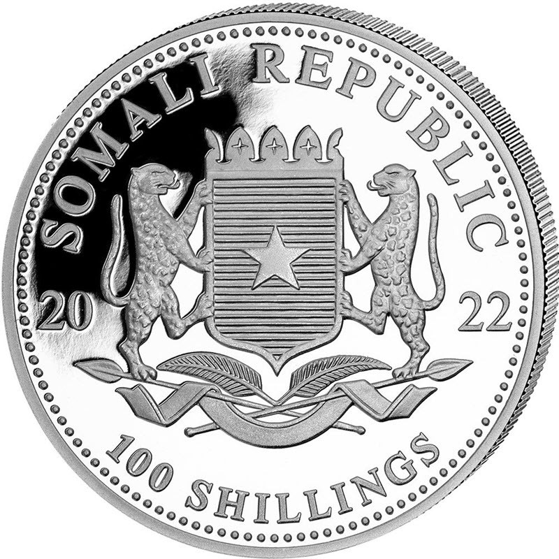 Серебряная монета Сомали "Леопард" 2022 г.в.(с позолотой), 31.1 г чистого серебра (Проба 0,9999)