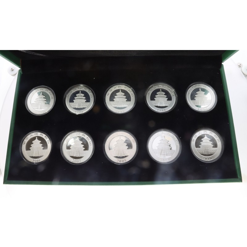 Набор из 10-ти серебряных монет Китая "Панда" 2001-2010 г.в., 10 * 31.1 г  чистого серебра (Проба 0,999)