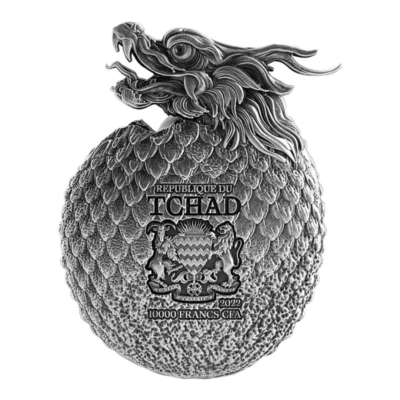 Серебряная монета Чада "Яйцо китайского дракона" 2022 г.в., 62.2 г чистого серебра (Проба 0,999)