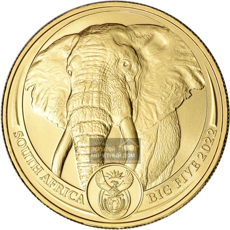 Комиссия: Золотая монета ЮАР «Большая пятерка: Слон» 2022 г.в., 31,1 г чистого золота (проба 0,9999)