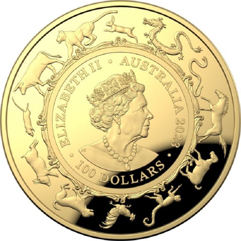 Золотая монета Австралии "Год Кролика" 2023 г.в. КМД (пруф), 31.1 г чистого золота (Проба 0,9999)