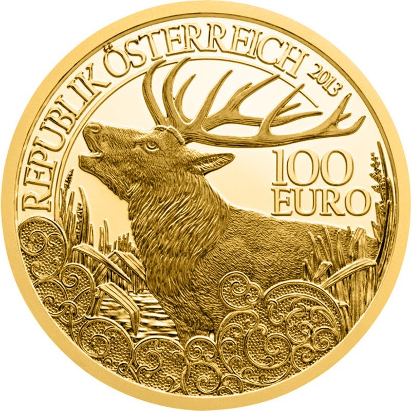 Комиссия: Золотая монета Австрии «Дикая природа. Олень» 2013 г.в., 16 г чистого золота (проба 986)