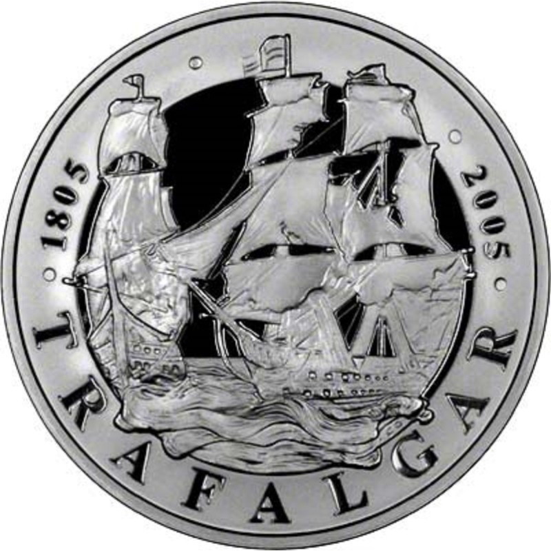 Серебряная монета Великобритании "Трафальгарская битва" 2005 г.в., 26.16 г чистого серебра (Проба 0,925)
