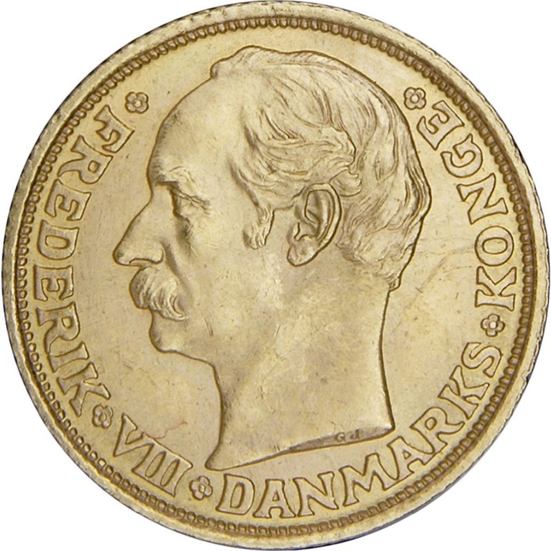 Золотая монета Дании «Фредерик VIII 10 крон» 1906-1912 г.в., 4.03 г чистого золота (Проба 0.900)