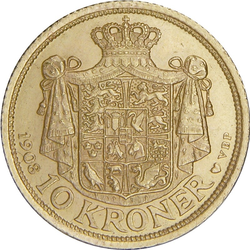 Золотая монета Дании «Фредерик VIII 10 крон» 1906-1912 г.в., 4.03 г чистого золота (Проба 0.900)