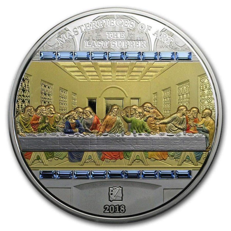 Серебряная монета Островов Кука "Тайная вечеря. Леонардо да Винчи" 2018 г.в., 7.78 г  золота + 93.3 г серебра (Проба 0,999)