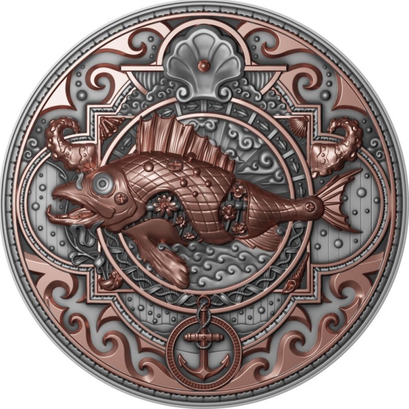 Серебряная монета Ниуэ "Коллекция Стимпанк: Металлическая рыба" 2022 г.в., 62.2 г чистого серебра (Проба 0,999)