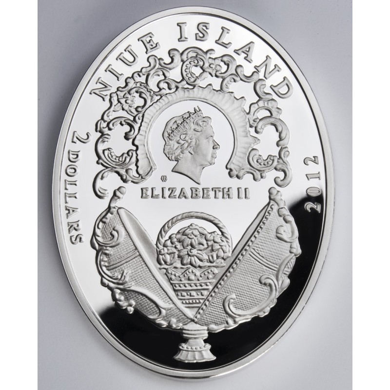 Серебряная монета Ниуэ «Яйцо Фаберже. Лавровое дерево» 2012 г.в., 52.32 г чистого серебра (проба 0,925)