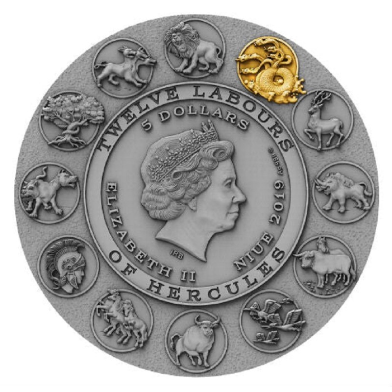 Серебряная монета Ниуэ "Двенадцать подвигов Геракла: Лернейская гидра" 2019 г.в., 62.2 г чистого серебра (Проба 0,999)