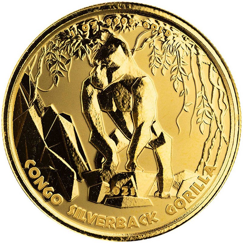 Комиссия: Золотая монета Конго "Горилла" 2021 г.в., 31.1 г чистого золота (проба 9999)